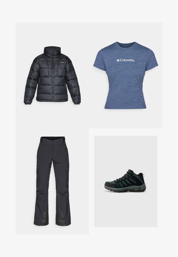 Mustat puffatakit, joissa on korkea kaulus, päivitysympäristö ja vetoketjullinen etuosa. Varustettu kahdella sivutaskulla ja joustavilla hihansuilla.; Sininen lyhythihainen t-paita, joka on valmistettu teksturoidusta kankaasta, jossa on valkoinen Columbia-logo rinnassa, pyöreä kaula-aukko ja istuva muotoilu.; Peak Performance ANIMA PANTS - Lasketteluhousut - black; Columbia REDMOND - Vaelluskengät - black/citron haze