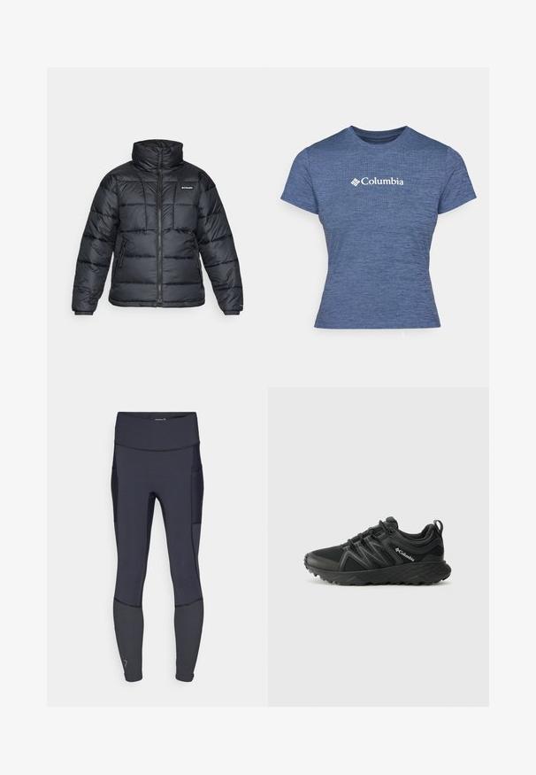 Črna pihasta jakna z visokim ovratnikom, prešitimi vzorci in zadrgo spredaj. Ima dve stranski žepki in elastične manšete.; Modra kratka majica s kratkimi rokavi iz teksturirane tkanine, z belim logotipom Columbia na prsih, okroglo ovratnikom in prilegnjenim dizajnom.; Mornarsko modre športne legice iz raztegljivega materiala, z visokim pasom, stranskim žepom in kontrastnim šivanjem. Gladka tekstura.; Columbia PEAKFREAK - Pohodniški čevlji - black