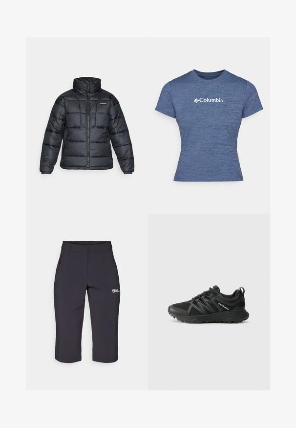Črna pihasta jakna z visokim ovratnikom, prešitimi vzorci in zadrgo spredaj. Ima dve stranski žepki in elastične manšete.; Modra kratka majica s kratkimi rokavi iz teksturirane tkanine, z belim logotipom Columbia na prsih, okroglo ovratnikom in prilegnjenim dizajnom.; Temno sivi zunanje kratke hlače z gladko teksturo, opremljene z žepom na zadrgo in logotipom na sprednji levi strani. Oblika je dolga do sredine stegen.; Columbia PEAKFREAK - Pohodniški čevlji - black