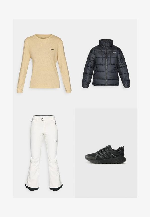 Fekete puffermellény magas gallérral, steppelt mintával és cipzáras elülső résszel. Két oldalsó zsebe és rugalmas mandzsettái vannak.; Patagonia LOGO RESPONSIBILI-TEE - Hosszú ujjú felső - beeswax tan; Fehér sínadrág, puha, rugalmas anyagból készült. Jellemzője az illeszkedő derék, széles, trapéz szabású lábszárak és fekete díszítés a mandzsettán. A márka logója látható.; Columbia PEAKFREAK - Túracipők - black