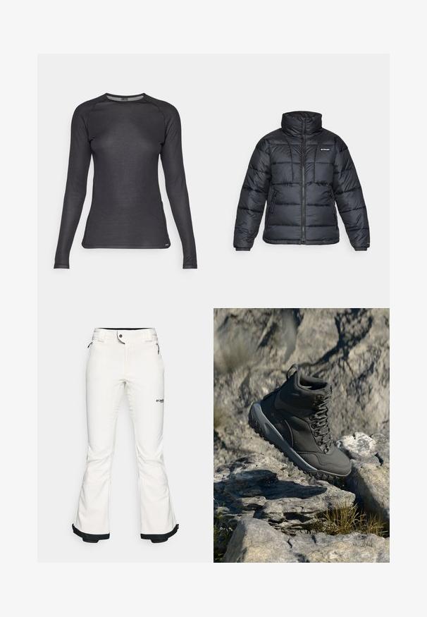 Crna puffa jakna s visokim ovratnikom, kvadratnim uzorkom i zatvaračem sprijeda. Ima dva bočna džepa i elastične manžete.; Dugih rukava crna atletska majica izrađena od teksturiranog, prozračnog materijala. Ima okrugli izrez i raglan rukave za lakše kretanje.; Bijele skijaške hlače izrađene od mekog, fleksibilnog materijala. Imaju uski struk, široke ispružene nogavice i crne obrube na manžetama. Vidljiv brend logo.; Tamno sivi planinarski čizme izrađene od sintetičkog materijala, s podstavljenim ovratnikom, metalnim rupama za vezivanje i teksturiranom gumenom potplatom za prianjanje.