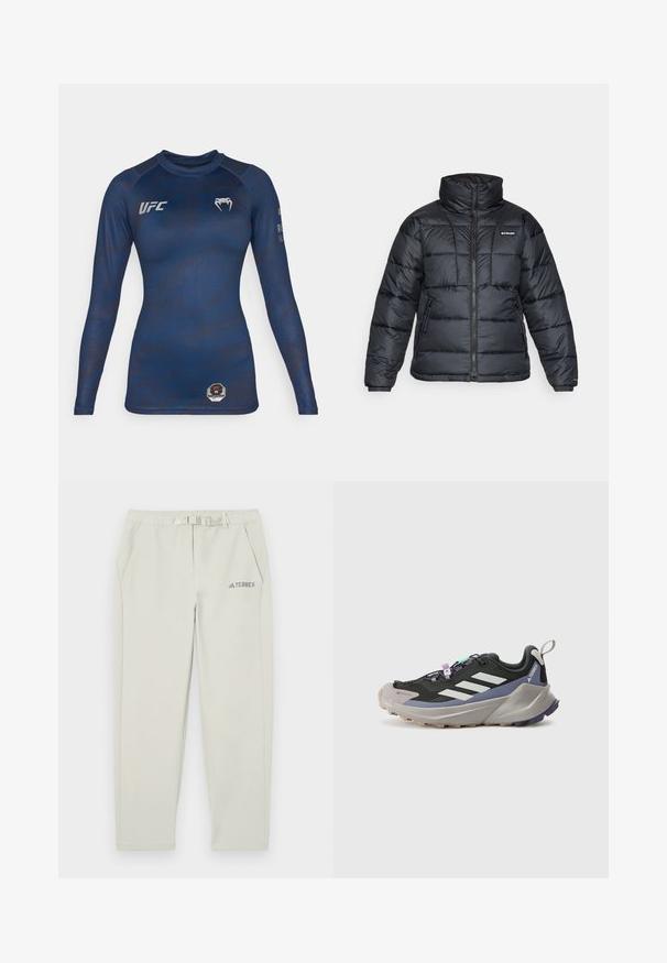 Schwarze Pufferjacke mit hohem Kragen, gestepptem Muster und Reißverschluss vorne. Hat zwei Seitentaschen und elastische Ärmelabschlüsse.; Marineblauer Langarm-Rashguard aus glattem Material, mit einem dezenten Muster, UFC-Logo auf der Brust und einem achteckigen Aufnäher an der Taille.; Helle graue Sporthosen mit einem elastischen Bund, Gürteldetails, zwei Seitentaschen und einem kleinen blauen "TERREX"-Logo am linken Oberschenkel.; Schwarzer Sportschuh mit Gore-Tex-Obermaterial, weißen Streifen, lila Akzenten, dicker grauer Zwischensohle und strukturiertem grauen Außensohle für besseren Halt.