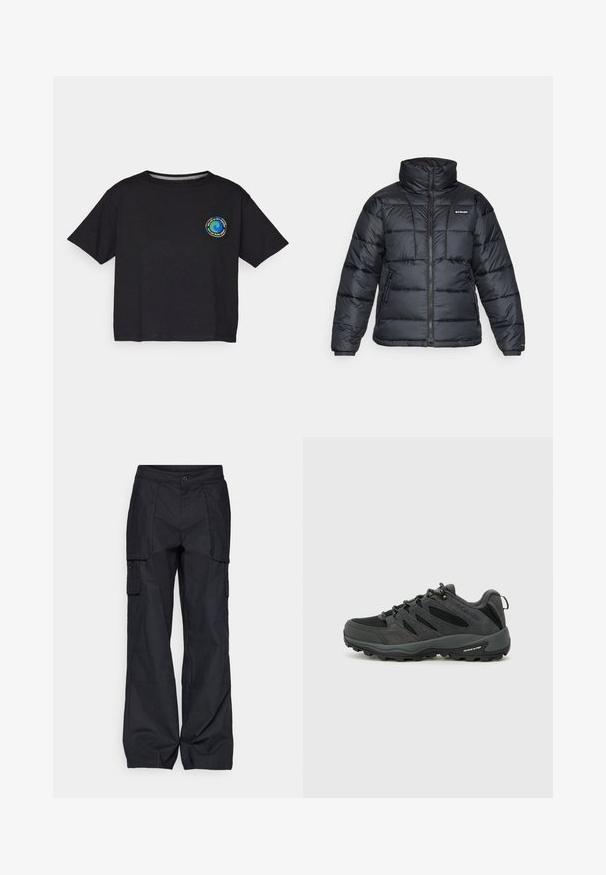 Jachetă pufată neagră cu guler înalt, model matlasat și închidere cu fermoar. Dispune de două buzunare laterale și manșete elastice.; T-shirt scurt cu mânecă, de culoare neagră, din bumbac, având un logo circular multicolor pe piept. Tiv dreapt și croială lejeră.; Columbia BREA FALLS™ COTTON RIPSTOP PANT - Pantaloni outdoor - black; Columbia REDMOND - Pantofi drumeție - black/citron haze