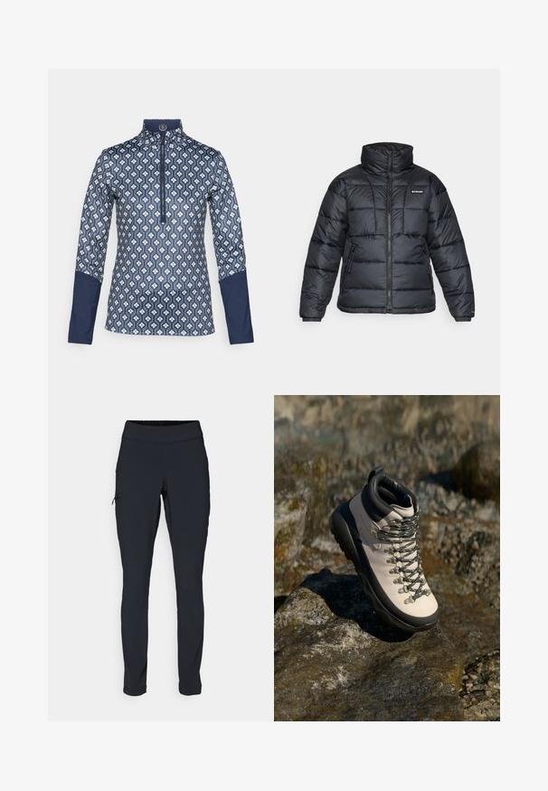 Musternatukamm, millel on kõrge krae, tikitud muster ja tõmblukuga esiosa. Sellel on kaks küljetaskut ja elastsed mansetid.; Tumedas sinises pikade varrukatega, lukuga top, millel on geomeetriline valge muster; varrukatel ja krael on soliidne sinine aktsent.; Mustad mustad sportpüksid kitsaste lõikega, elastse vöökoha ja küljetaskuga, millel on tõmblukk. Sile, veniv kangas minimaalsete õmblustega.; Heledbeez hikingud asjad musta kummist tallaga, painduva ülaosaga, metallist silmade ja hallide paeltega, asetatud kivisele pinnale.