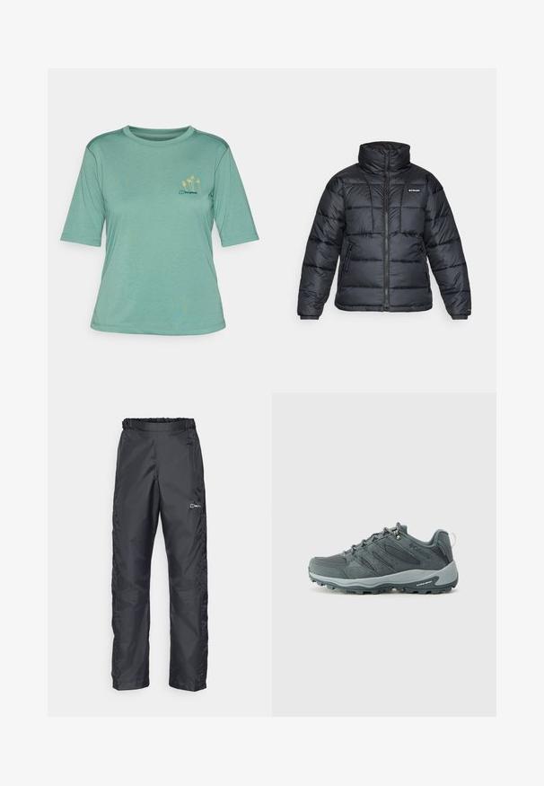 Juodas pūkuotas švarkas su aukštu apykakle, išsiuvinėtu raštu ir užtrauktuku priekyje. Yra dvi šoninės kišenės ir elastingi rankogaliai.; Žalios spalvos trumpomis rankovėmis marškinėliai, pagaminti iš minkštos medžiagos. Su apvaliu kaklu ir maža geltona palmės medžiaga siuvinėjimu kairiajame krūtinės kampe.; Berghaus DELUGE 2.0 - Lauko kelnės - black; Tamsiai pilki žygio batai su tinklinėmis ir zomšinėmis viršutinėmis dalimis, su raišteliais, paminkštintu padu ir tvirtu padu su įpjovų raštu.