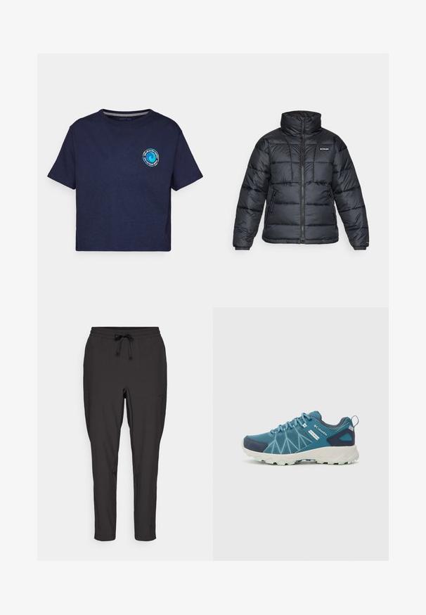 Zwarte pufferjack met hoge kraag, gestikt patroon en rits aan de voorkant. Beschikt over twee zijzakken en elastische manchetten.; Patagonia UNITY FITZ EASY CUT RESPONSIBILI-TEE - T-shirt print - new navy; Zwarte joggers met een elastische tailleband, trekkoorddetails en zijzakken. Gemaakt van een gladde, lichte stof.; Columbia PEAKFREAK™ II OUTDRY™ - Outdoorschoenen - blue heron/skylight