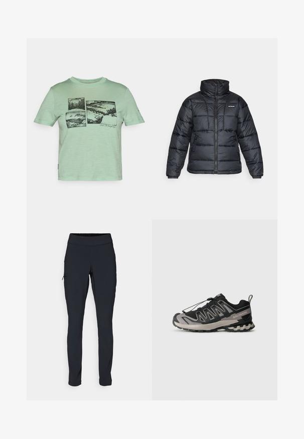 Black puffer jacket with high collar, quilted pattern, and zippered front. Features two side pockets and elastic cuffs.; Mint green t-shirt in soft fabric, featuring a black graphic design of scenic landscapes across four panels on the front.; Black athletic pants with a slim fit, elastic waistband, and a side pocket featuring a zipper. Smooth, stretchy fabric with minimal seams.; Black and gray athletic shoe with mesh upper, rubber sole, and elastic lace system. Features a reinforced toe and textured accents.