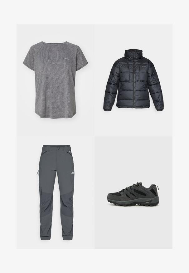 Črna pihasta jakna z visokim ovratnikom, prešitimi vzorci in zadrgo spredaj. Ima dve stranski žepki in elastične manšete.; Siva majica s kratkimi rokavi z diskretnim teksturiranim vzorcem, okroglim izrezom in Columbia logotipom na prsih. Mehka tkanina, sproščen kroj.; Temno sivi zunanji hlače z ojačanimi koleni, zadrgo na stranskih in sprednjih žepih, gumbom za zapiranje ter logotipom The North Face na stegnu.; Columbia REDMOND - Pohodniški čevlji - black/citron haze