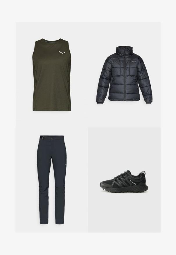 Musternatukamm, millel on kõrge krae, tikitud muster ja tõmblukuga esiosa. Sellel on kaks küljetaskut ja elastsed mansetid.; Tumedast roheline ilma varrukateta top, ümmarguse kaelusega, kergetest materjalidest. Omab väikest valget logo rinnal ja küljeõmbluste detaili.; Meeste välkpüksid, tumehallid, valmistatud paindlikest materjalidest, vöökohaga, tõmblukuga taskud ja tugevdatud õmblused.; Columbia PEAKFREAK - Matkajalatsid - black