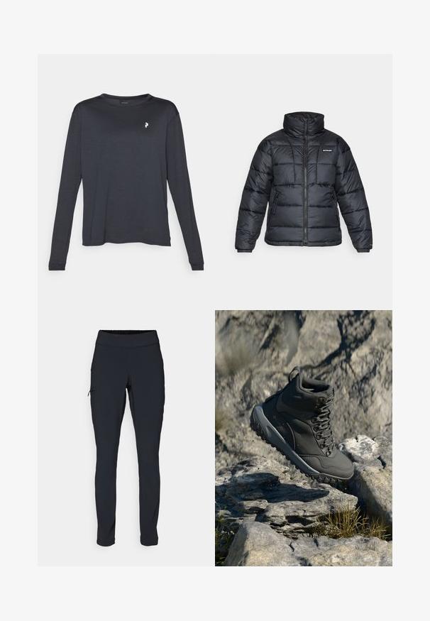 Sort pufferjakke med høj krave, quiltet mønster og lynlåsfront. Har to sidelommer og elastiske manchetter.; Mørk langærmet T-shirt lavet af tekstureret stof, med rund halsudskæring og et lille hvidt logo på venstre brystområde.; Svarte atletiske bukser med slim fit, elastisk talje og en side lomme med lynlås. Glat, strækbart stof med minimale sømme.; Mørkegrå vandrestøvle lavet af syntetisk materiale, med en polstret krave, metaløjer og en struktureret gummisål for greb.