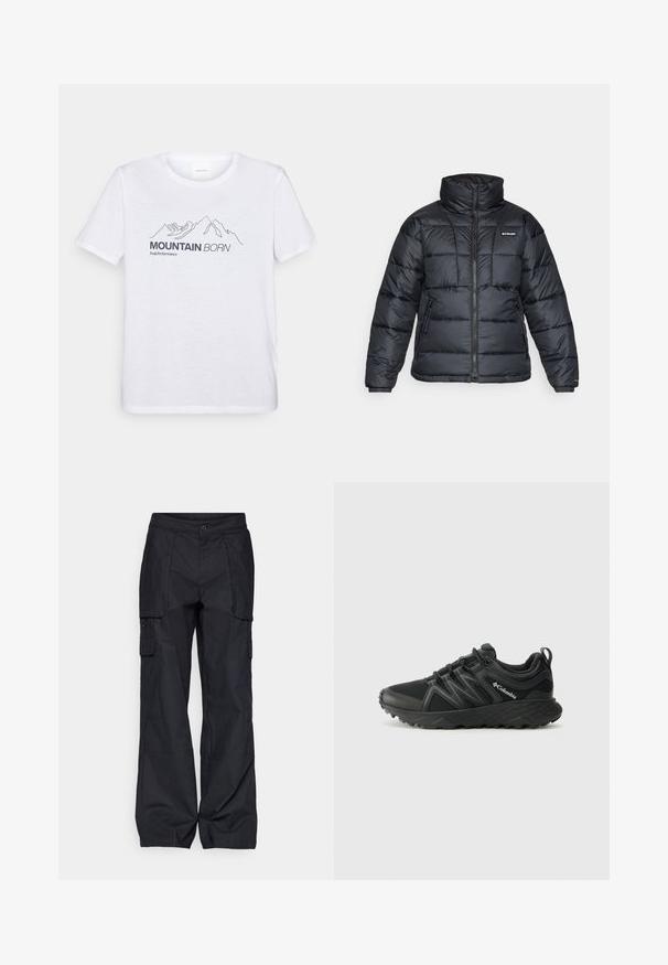 Casaco puffer preto com gola alta, padrão acolchoado e fecho éclair à frente. Apresenta dois bolsos laterais e punhos elásticos.; Peak Performance EXPLORE GRAPHIC TEE - T-shirt estampada - white; Columbia BREA FALLS™ COTTON RIPSTOP PANT - Calças para exterior - black; Columbia PEAKFREAK - Sapatos de caminhada - black