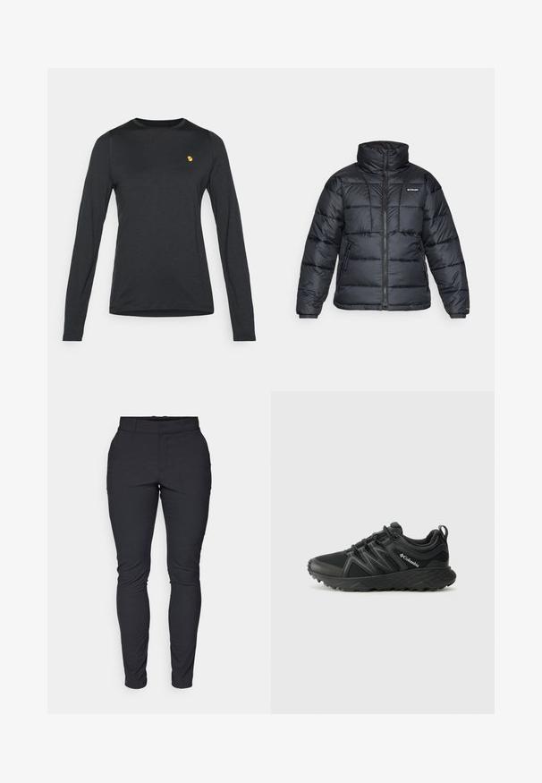 Fekete puffermellény magas gallérral, steppelt mintával és cipzáras elülső résszel. Két oldalsó zsebe és rugalmas mandzsettái vannak.; Hosszú ujjú fekete ing, puha anyagból készült, kerek nyakkivágással és egy kicsi arany logóval a mellrészen.; Fekete, testhez simuló nadrág rugalmas anyagból. Derékpánttal, övhurkokkal és elöl cipzárral, gombbal rendelkezik. Nincsenek észlelhető minták.; Columbia PEAKFREAK - Túracipők - black
