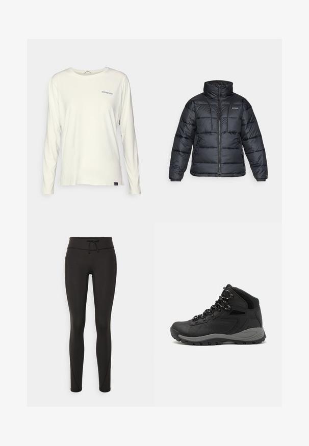 Svart dunjakke med høy krage, kviltet mønster og glidelås foran. Har to sidelommer og elastiske mansjetter.; Langermet t-skjorte med rund hals i off-white bomull. Har en blå Patagonia-logo på venstre bryst og en tilpasset passform.; Svarte leggings med høy midje, snøring, glatt tekstur og tettsittende design. Har søm detaljer langs sidene.; Sorte turstøvler med mid-topp design, som har en teksturert overdel, grå detaljer og slitesterk gummisåle med godt grep.