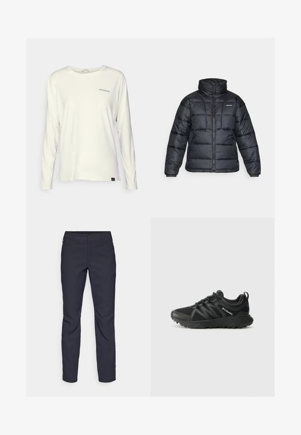 Črna pihasta jakna z visokim ovratnikom, prešitimi vzorci in zadrgo spredaj. Ima dve stranski žepki in elastične manšete.; Majica z dolgimi rokavi in krožnim izrezom v off-white barvi iz bombaža. Ima modri logotip Patagonia na levem prsnem delu in prilagojen kroj.; Mornarji modri hlače iz gladkega blaga, z zapiranjem na gumb spredaj, tesno prilegnjenim krojem in gubami na kolenih.; Columbia PEAKFREAK - Pohodniški čevlji - black
