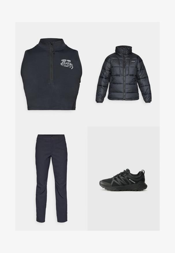 Juodas pūkuotas švarkas su aukštu apykakle, išsiuvinėtu raštu ir užtrauktuku priekyje. Yra dvi šoninės kišenės ir elastingi rankogaliai.; Juodas be rankovių trumpas viršus su stovinčia apykakle, ketvirčio užtrauktuku priekyje ir baltu abstrakčiu "Karma" grafiniu piešiniu ant kairės krūtinės.; Tamsiai mėlynos kelnės, pagamintos iš lygaus audinio, su priekiniais mygtukais, lieknos silueto ir raukšlėmis ant kelių.; Columbia PEAKFREAK - Turistiniai batai - black