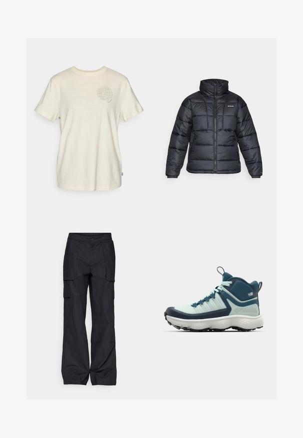 Casaco puffer preto com gola alta, padrão acolchoado e fecho éclair à frente. Apresenta dois bolsos laterais e punhos elásticos.; T-shirt de manga curta em algodão bege claro, apresentando um gráfico redondo com o texto "SEE YOU OUT HERE" e elementos da natureza no peito.; Columbia BREA FALLS™ COTTON RIPSTOP PANT - Calças para exterior - black; Shoe de caminhada masculino em azul claro e azul marinho. Apresenta um cabedal texturizado, biqueira de borracha moldada e sola agressiva para tração.