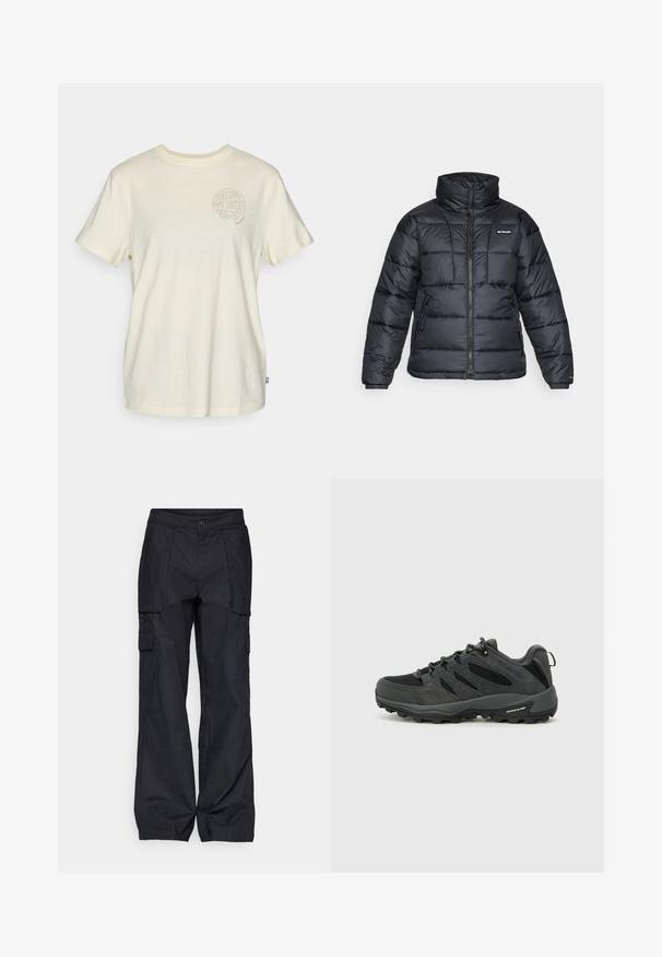 Giubbotto trapuntato nero con collo alto, motivo a cucitura e chiusura con zip. Presenta due tasche laterali e polsini elasticizzati.; T-shirt a maniche corte in cotone beige chiaro, con una grafica rotonda sul petto recante la scritta "SEE YOU OUT HERE" e elementi naturali.; Columbia BREA FALLS™ COTTON RIPSTOP PANT - Pantaloni outdoor - black; Columbia REDMOND - Scarpa da hiking - black/citron haze