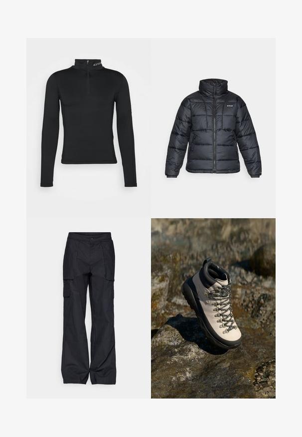Black puffer jacket with high collar, quilted pattern, and zippered front. Features two side pockets and elastic cuffs.; Black long-sleeve base layer with a high collar and quarter-zip closure. Smooth texture and fitted design for optimized performance.; Columbia BREA FALLS™ COTTON RIPSTOP PANT - Outdoor trousers - black; Light beige hiking boot with a black rubber sole, flexible upper, metal eyelets, and gray laces, positioned on a rocky surface.