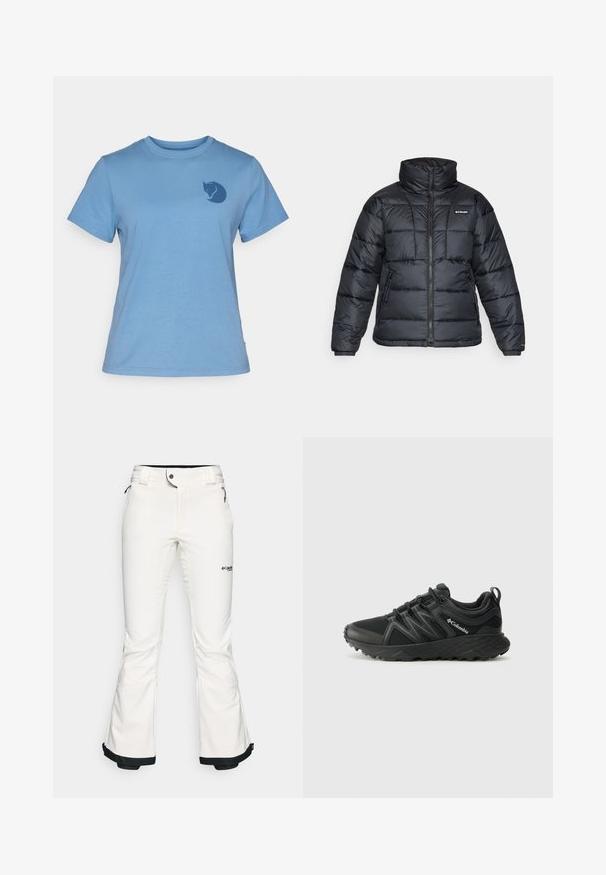 Svart puffjacka med hög krage, quiltat mönster och zippered front. Har två sidofickor och elastiska handledar.; Blå bomullströja med korta ärmar, rund hals, med en mörkblå stiliserad kattlogotyp på vänster bröstområde. Klassisk passform.; Vita skidbyxor gjorda av mjukt, flexibelt material. Har en figurnära midja, breda utsvängda ben och svart kant vid mudden. Varumärkeslogotyp synlig.; Columbia PEAKFREAK - Hikingskor - black