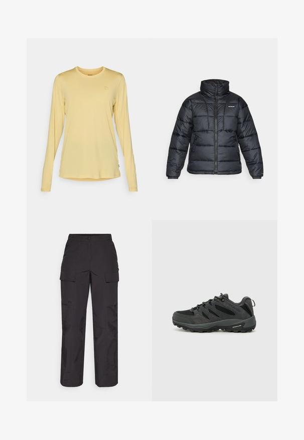 Črna pihasta jakna z visokim ovratnikom, prešitimi vzorci in zadrgo spredaj. Ima dve stranski žepki in elastične manšete.; Majica z dolgimi rokavi v svetlo rumeni barvi, izdelana iz mehke tkanine. Ima okrogel izrez in subtilen detajl logotipa na prsih. Gladka tekstura.; Črne cargo hlače iz trpežnega blaga, ki imajo več stranskih žepov, gumbasto zapiranje ter ohlapen kroj s ravnimi nogavicami.; Columbia REDMOND - Pohodniški čevlji - black/citron haze