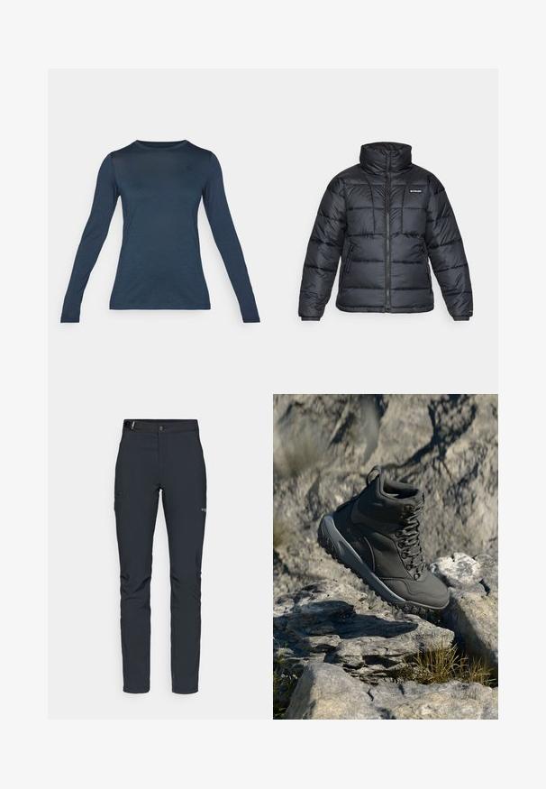 Giubbotto trapuntato nero con collo alto, motivo a cucitura e chiusura con zip. Presenta due tasche laterali e polsini elasticizzati.; Camicia a maniche lunghe di colore blu navy scuro, realizzata in tessuto leggero. Presenta un collo rotondo e un piccolo emblema sul petto. Texture liscia.; Pantaloni da uomo per attività all'aperto, grigio scuro, realizzati in materiale elastico, dotati di cintura, tasche con zip e cuciture rinforzate.; Stivale da trekking grigio scuro realizzato in materiale sintetico, con colletto imbottito, occhielli in metallo e suola in gomma testurizzata per una migliore aderenza.