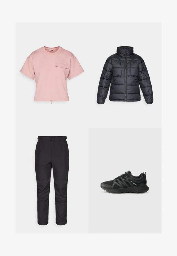 Juodas pūkuotas švarkas su aukštu apykakle, išsiuvinėtu raštu ir užtrauktuku priekyje. Yra dvi šoninės kišenės ir elastingi rankogaliai.; Rožinė trumpa marškeliai, pagaminti iš minkštos medžiagos. Yra trumpomis rankovėmis, priekinė kišenė su sklende ir šnurku apačioje reguliavimui.; Juodos lauko kelnės, pagamintos iš lengvos medžiagos, turi lygią tekstūrą, elastingą juosmenį, užtrauktuko kišenę ir panelinės detalės ant apatinės kojų dalies.; Columbia PEAKFREAK - Turistiniai batai - black