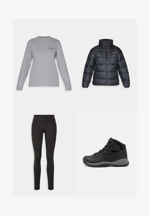 Casaco puffer preto com gola alta, padrão acolchoado e fecho éclair à frente. Apresenta dois bolsos laterais e punhos elásticos.; Patagonia LOGO RESPONSIBILI-TEE - Camisola de manga comprida - gravel heather; Leggings pretos com uma cintura alta, cordão, textura suave e design ajustado. Apresentam detalhes de costura ao longo das laterais.; Bota de caminhada preta com design de cano médio, apresentando um upper texturizado, detalhes cinzentos e sola de borracha durável com cravos de tração.