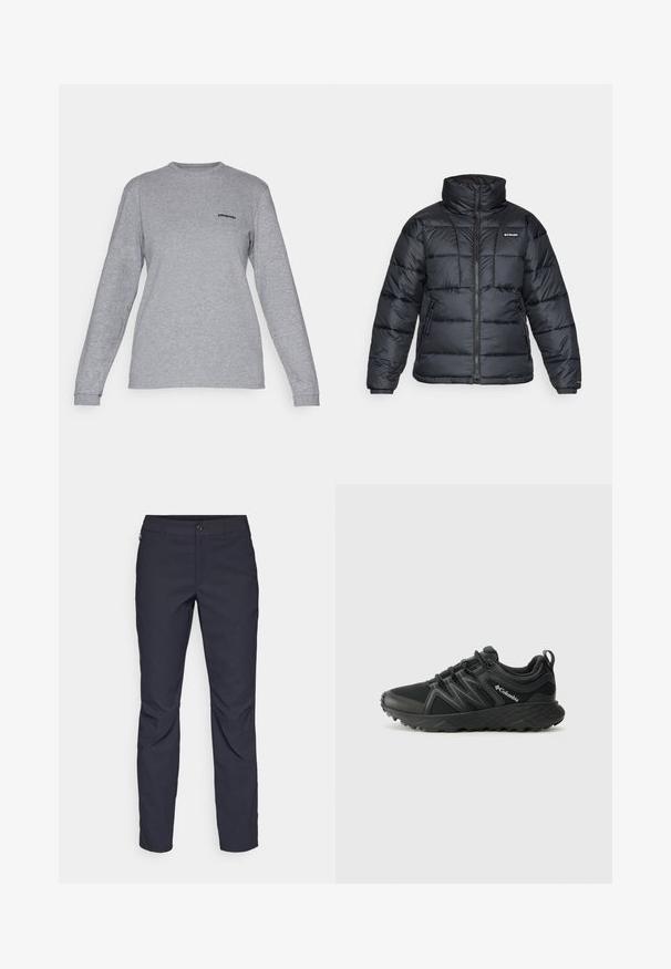 Czarna puchowa kurtka z wysokim kołnierzem, pikowanym wzorem i zamek błyskawiczny z przodu. Posiada dwie boczne kieszenie i elastyczne mankiety.; Patagonia RESPONSIBILI-TEE szary; Granatowe spodnie wykonane z gładkiego materiału, z zapięciem na guziki z przodu, wąskim kroju oraz detalami w postaci prasowania na kolanach.; Columbia PEAKFREAK czarny