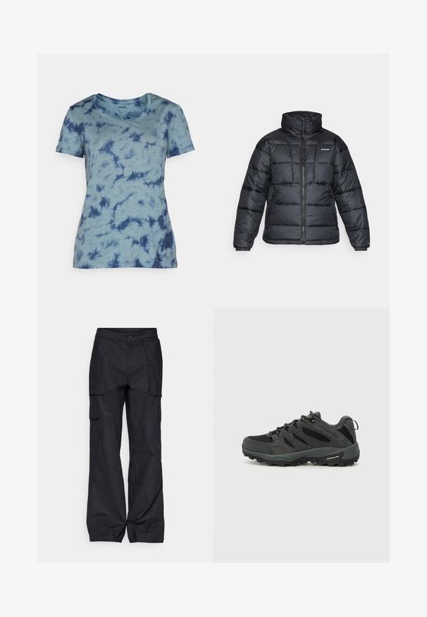 Chaqueta de plumas negra con cuello alto, patrón acolchado y cierre con cremallera. Cuenta con dos bolsillos laterales y puños elásticos.; Camiseta de manga corta en azul claro con un patrón de teñido anudado en azul oscuro. Cuello redondo y tejido texturizado. Corte regular sin hardware visible.; Columbia BREA FALLS™ COTTON RIPSTOP PANT - Pantalones montañeros largos - black; Columbia REDMOND - Zapatillas de senderismo - black/citron haze