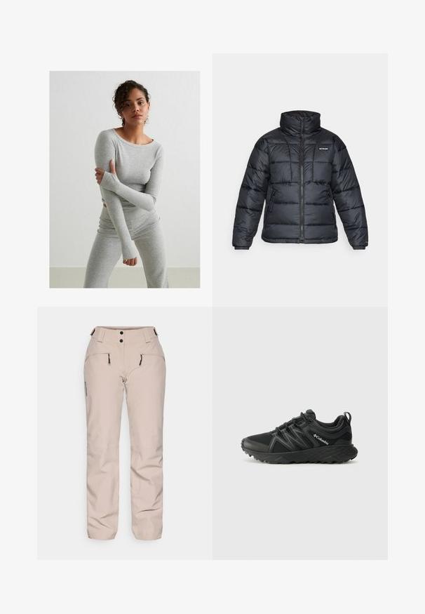 Zwarte pufferjack met hoge kraag, gestikt patroon en rits aan de voorkant. Beschikt over twee zijzakken en elastische manchetten.; Grijze lange mouwtop en bijpassende legging gemaakt van geribbelde stof, met duimgaten en een ronde halslijn, op een effen achtergrond.; Salomon EDGE PANT - Skibroek - etherea; Columbia PEAKFREAK - Outdoorschoenen - black