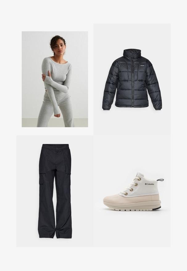 Schwarze Pufferjacke mit hohem Kragen, gestepptem Muster und Reißverschluss vorne. Hat zwei Seitentaschen und elastische Ärmelabschlüsse.; Graues Langarmoberteil und passende Leggings aus geripptem Stoff, mit Daumenlöchern und rundem Ausschnitt, auf einem einfarbigen Hintergrund.; Columbia BREA FALLS™ COTTON RIPSTOP PANT - Outdoor-Hose - black; Leichte, beige wasserdichte Stiefel mit einem weißen Textilobermaterial, goldenen Ösen und einer dicken, kremfarbenen Sohle. Logo seitlich angebracht.