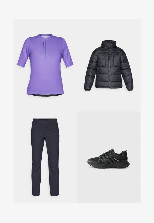 Fekete puffermellény magas gallérral, steppelt mintával és cipzáras elülső résszel. Két oldalsó zsebe és rugalmas mandzsettái vannak.; Lila, rövid ujjú póló magas gallérral és elülső zipzárral. Könnyű anyagból készült, logóval és ívelt aljjal rendelkezik.; Sötétkék nadrág sima anyagból, elülső gombos záródással, slim-fit fazonnal és gyűrött részletekkel a térdeken.; Columbia PEAKFREAK - Túracipők - black