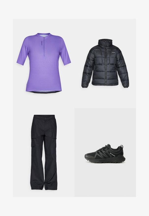 Svart dunjakke med høy krage, kviltet mønster og glidelås foran. Har to sidelommer og elastiske mansjetter.; Lilla kortermet skjorte med høy krage og glidelås foran. Laget av lett stoff, med logo og buet kant.; Columbia BREA FALLS™ COTTON RIPSTOP PANT - Friluftsbukser - black; Columbia PEAKFREAK - Fjellsko - black