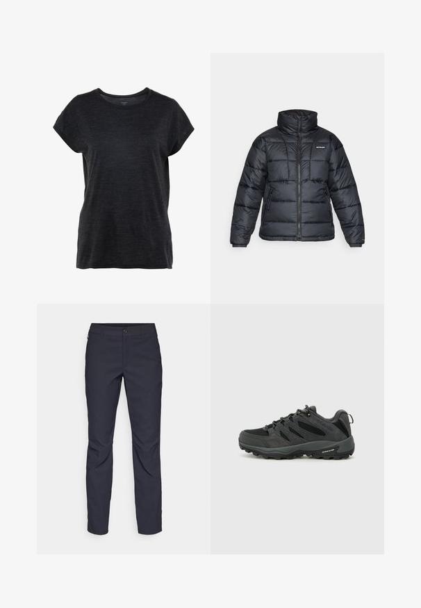 Svart puffjacka med hög krage, quiltat mönster och zippered front. Har två sidofickor och elastiska handledar.; Mörkgrå kortärmad t-shirt med rund halsringning och avslappnad passform. Tyget har en mjuk, texturerad yta.; Marina blå byxor i slät tyg, med framknäppning, slim-fit design och veckade detaljer vid knäna.; Columbia REDMOND - Hikingskor - black/citron haze
