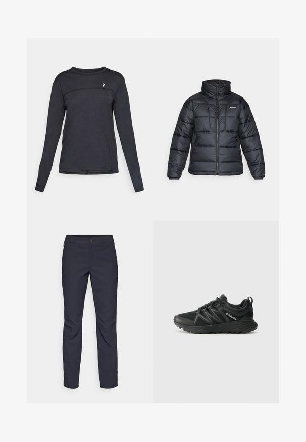 Crna puffa jakna s visokim ovratnikom, kvadratnim uzorkom i zatvaračem sprijeda. Ima dva bočna džepa i elastične manžete.; Crna majica s dugim rukavima i okruglim izrezom, sa malim bijelim logotipom na gornjem dijelu prsa i suptilnom horizontalnom šavom na prednjem dijelu.; Pantalone tamnoplave boje od glatkog materijala, s prednjim kopčanjem na dugme, uskim krojem i pregibima na koljenima.; Columbia PEAKFREAK - Obuća za pješačenje - black