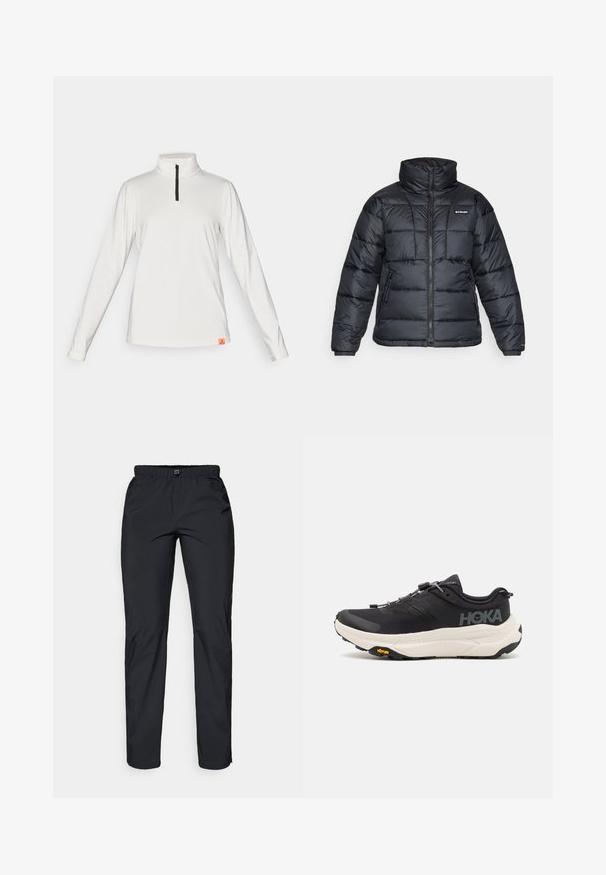 Black puffer jacket with high collar, quilted pattern, and zippered front. Features two side pockets and elastic cuffs.; Long-sleeve white performance top with a high collar and quarter zip. Features black zipper and small orange brand label at the hem.; Black, lightweight, water-resistant pants with an elastic waistband and two side pockets; smooth texture; straight-leg design.; Black athletic shoes with a breathable mesh upper, rubber outsole, white cushioning midsole, and reflective laces. Vibram logo on outsole.