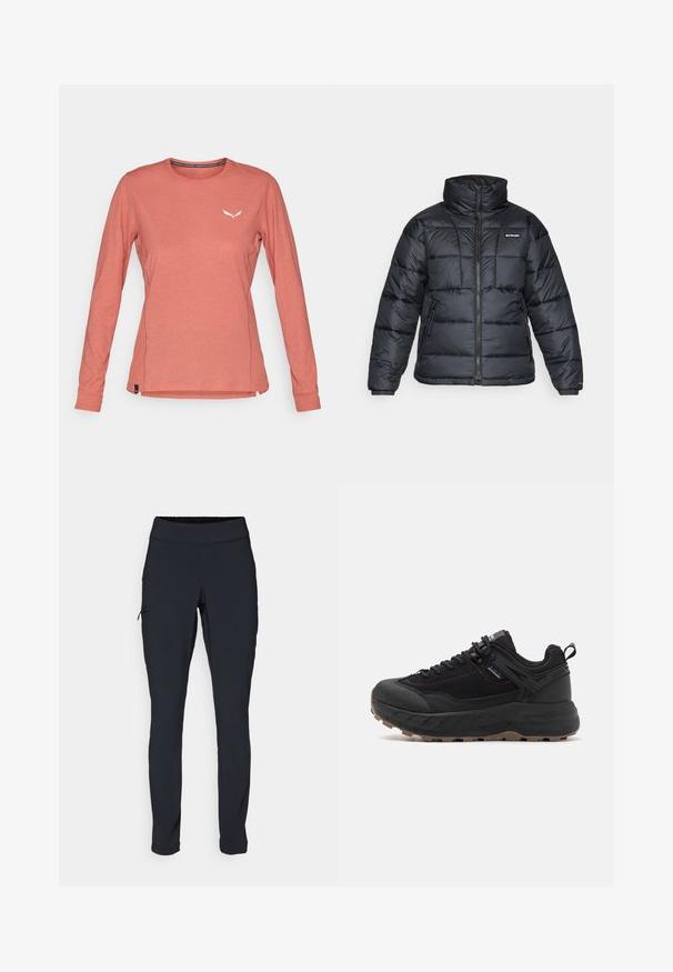 Black puffer jacket with high collar, quilted pattern, and zippered front. Features two side pockets and elastic cuffs.; Long-sleeve, light coral shirt made of soft fabric, featuring a round neckline and a small white logo on the chest. Side slits at the hem.; Black athletic pants with a slim fit, elastic waistband, and a side pocket featuring a zipper. Smooth, stretchy fabric with minimal seams.; Black athletic shoes with a textured leather and fabric upper, patterned sole, reinforced toe, and adjustable lacing system.