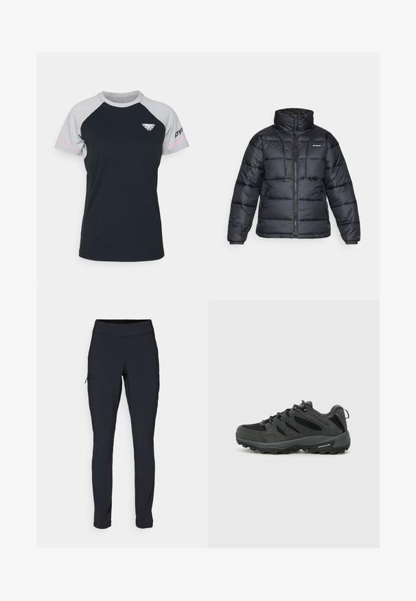 Czarna puchowa kurtka z wysokim kołnierzem, pikowanym wzorem i zamek błyskawiczny z przodu. Posiada dwie boczne kieszenie i elastyczne mankiety.; Dynafit ALPINE czarny; Czarne spodnie sportowe o dopasowanym kroju, z elastycznym pasem i boczną kieszenią na zamek. Gładki, elastyczny materiał z minimalną ilością szwów.; Columbia REDMOND czarny