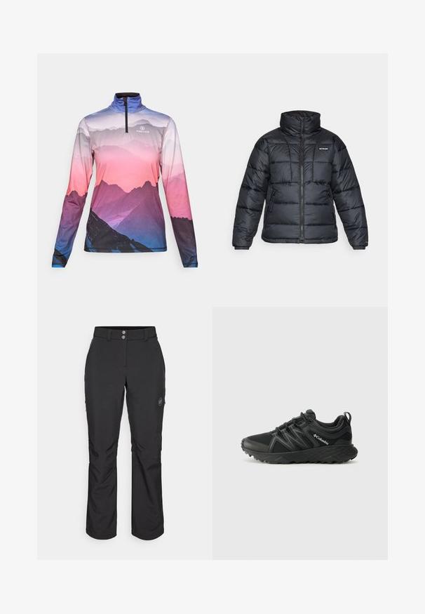 Svart puffjacka med hög krage, quiltat mönster och zippered front. Har två sidofickor och elastiska handledar.; Långärmad zip-up topp med tryck av bergslandskap i lila, rosa och blå nyanser, med "FIRE+ICE"-logotyp på bröstet.; Svarta utomhusbyxor med rak passform, med knappstängning, fickor med dragkedja på sidan och en logotypapplikation på vänster lår.; Columbia PEAKFREAK - Hikingskor - black