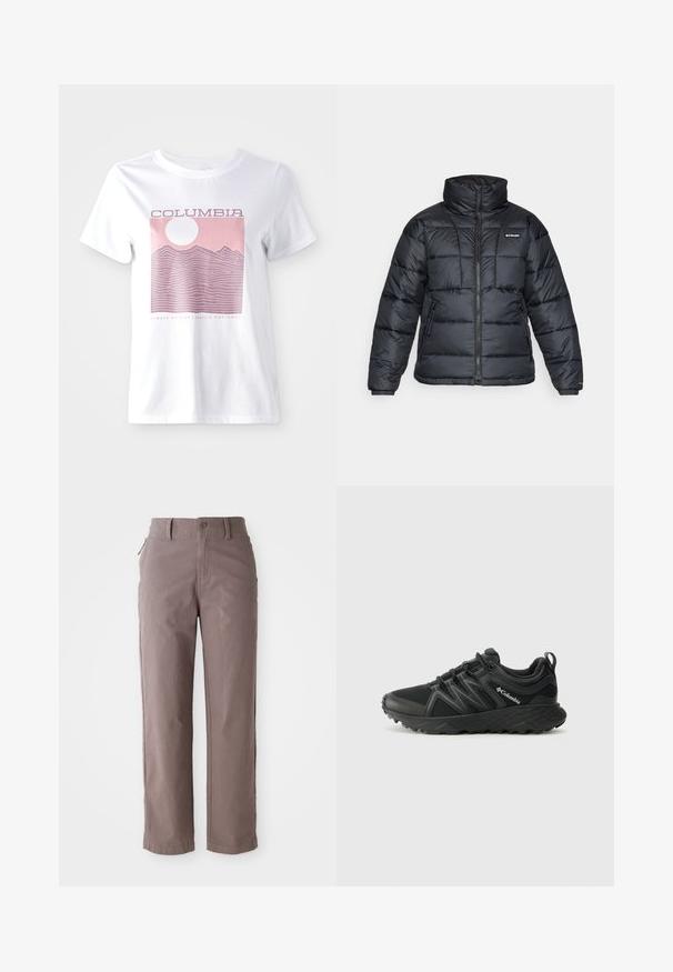 Zwarte pufferjack met hoge kraag, gestikt patroon en rits aan de voorkant. Beschikt over twee zijzakken en elastische manchetten.; Witte katoenen t-shirt met een roze bergafbeelding, een zon en de tekst "COLUMBIA" en "ALWAYS OUTSIDE | PACIFIC NORTHWEST."; Bruine katoenen twill broek met een rechte pijp, voorzien van een knoopsluiting aan de voorkant en zijzakken, met een gladde textuur en strakke lijnen.; Columbia PEAKFREAK - Outdoorschoenen - black