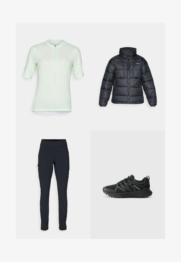 Casaco puffer preto com gola alta, padrão acolchoado e fecho éclair à frente. Apresenta dois bolsos laterais e punhos elásticos.; Camisa de manga curta verde-claro com gola alta e fecho éclair na frente, feita de um tecido macio e respirável. Design ajustado com costuras planas.; Calças de atletismo pretas com um corte ajustado, cintura elástica e um bolso lateral com fecho. Tecido suave e elástico com costuras mínimas.; Columbia PEAKFREAK - Sapatos de caminhada - black