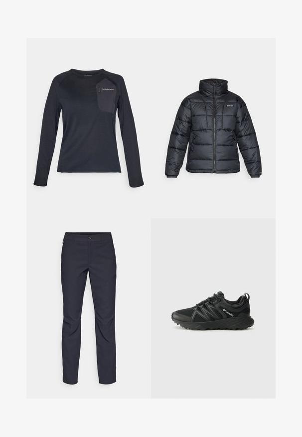 Čierna bundová izolácia s vysokým golierom, prešívaný vzor a zipsovým predným zapínaním. Obsahuje dve bočné vrecká a elastické manžety.; Dlhý rukáv tmavomodrá technická košeľa, so štruktúrovaným telom, kontrastnou látkovou vreckom a logom Peak Performance na hrudi.; Námornícke modré nohavice z hladkej tkaniny, s predným zapínaním na gombík, slim-fit strihom a prešívaním v oblasti kolien.; Columbia PEAKFREAK - Turistické topánky - black