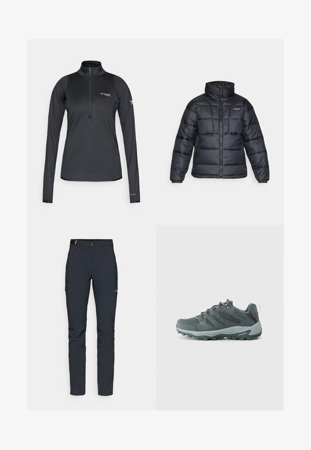 Juodas pūkuotas švarkas su aukštu apykakle, išsiuvinėtu raštu ir užtrauktuku priekyje. Yra dvi šoninės kišenės ir elastingi rankogaliai.; Juodas "Columbia Titanium" ilgomis rankovėmis sportinis puloveris su ketvirčio užtrauktuku ir "Omni-Heat" ženklu kairiajame rankogalyje.; Vyrų lauko kelnės, tamsiai pilkos, pagamintos iš elastingos medžiagos, su diržu, užtrauktukais užtraukiamomis kišenėmis ir sustiprinta siūle.; Tamsiai pilki žygio batai su tinklinėmis ir zomšinėmis viršutinėmis dalimis, su raišteliais, paminkštintu padu ir tvirtu padu su įpjovų raštu.