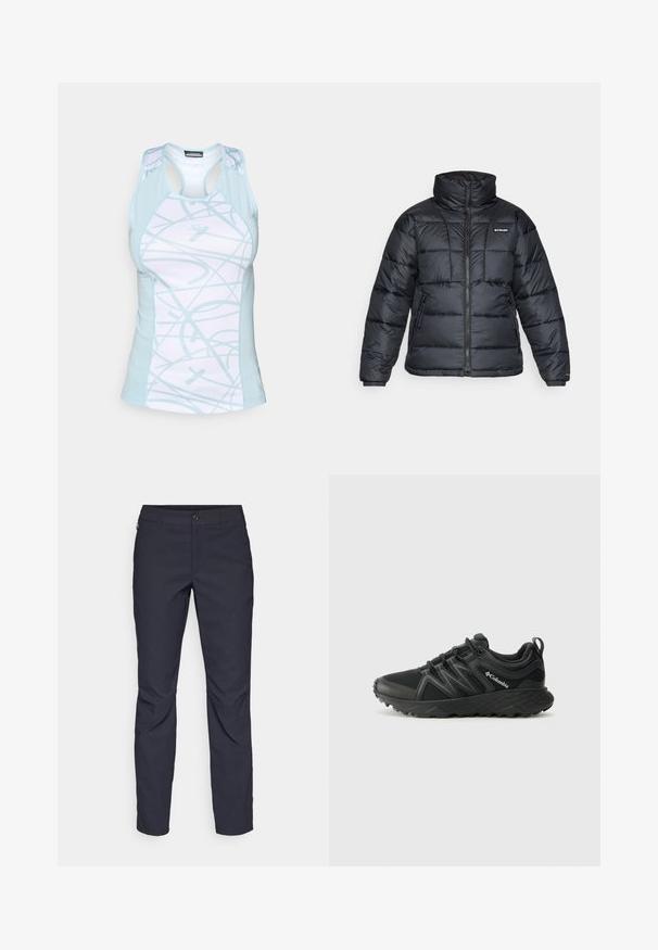 Fekete puffermellény magas gallérral, steppelt mintával és cipzáras elülső résszel. Két oldalsó zsebe és rugalmas mandzsettái vannak.; Világoskék sportos ujjatlan felső, fehér alappal, forgó mintával, hálós panellel és versenyhátsó kialakítással.; Sötétkék nadrág sima anyagból, elülső gombos záródással, slim-fit fazonnal és gyűrött részletekkel a térdeken.; Columbia PEAKFREAK - Túracipők - black