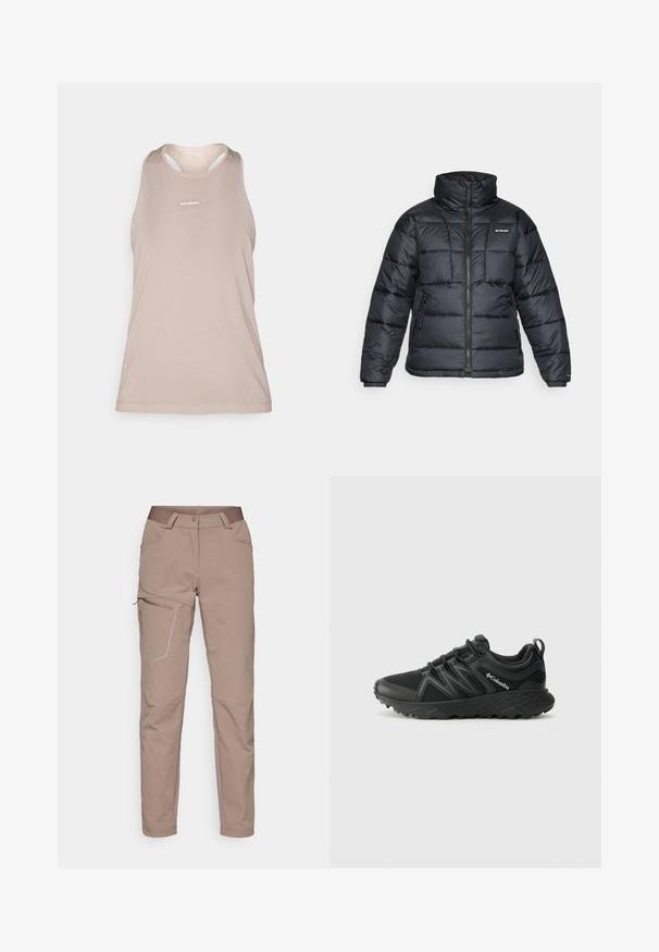 Casaco puffer preto com gola alta, padrão acolchoado e fecho éclair à frente. Apresenta dois bolsos laterais e punhos elásticos.; Top de treino sem mangas em bege claro, com textura em rede, decote redondo e pequeno logotipo na parte da frente. Tecido suave, design leve.; Salomon WAYFARER WARM PANTS - Calças para exterior - iron; Columbia PEAKFREAK - Sapatos de caminhada - black