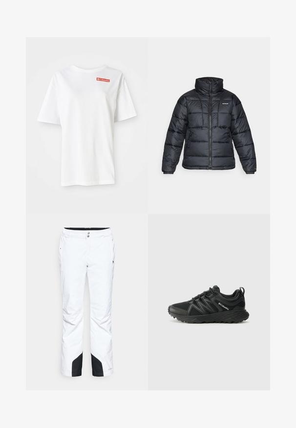 Sort pufferjakke med høj krave, quiltet mønster og lynlåsfront. Har to sidelommer og elastiske manchetter.; Hvid bomulds t-shirt med korte ærmer og rund halsudskæring, med et lille rødt Columbia-logo på venstre brystområde.; Hvide snebukser med et strømlinet design, der har to frontlommer, forstærkede sorte nederste paneler og en knaplukning i livet.; Columbia PEAKFREAK - Hikingsko - black