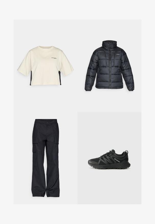 Black puffer jacket with high collar, quilted pattern, and zippered front. Features two side pockets and elastic cuffs.; Cream-colored cropped t-shirt with a round neck, short sleeves, and black side panels; features a small black logo on the chest.; Columbia BREA FALLS™ COTTON RIPSTOP PANT - Outdoor trousers - black; Columbia PEAKFREAK - Hiking shoes - black