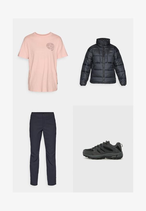 Czarna puchowa kurtka z wysokim kołnierzem, pikowanym wzorem i zamek błyskawiczny z przodu. Posiada dwie boczne kieszenie i elastyczne mankiety.; Jasnoróżowa bawełniana koszulka z krótkim rękawem, okrągłym dekoltem i czarną grafiką z napisem "SEE YOU OUT HERE" na lewej piersi.; Granatowe spodnie wykonane z gładkiego materiału, z zapięciem na guziki z przodu, wąskim kroju oraz detalami w postaci prasowania na kolanach.; Columbia REDMOND czarny