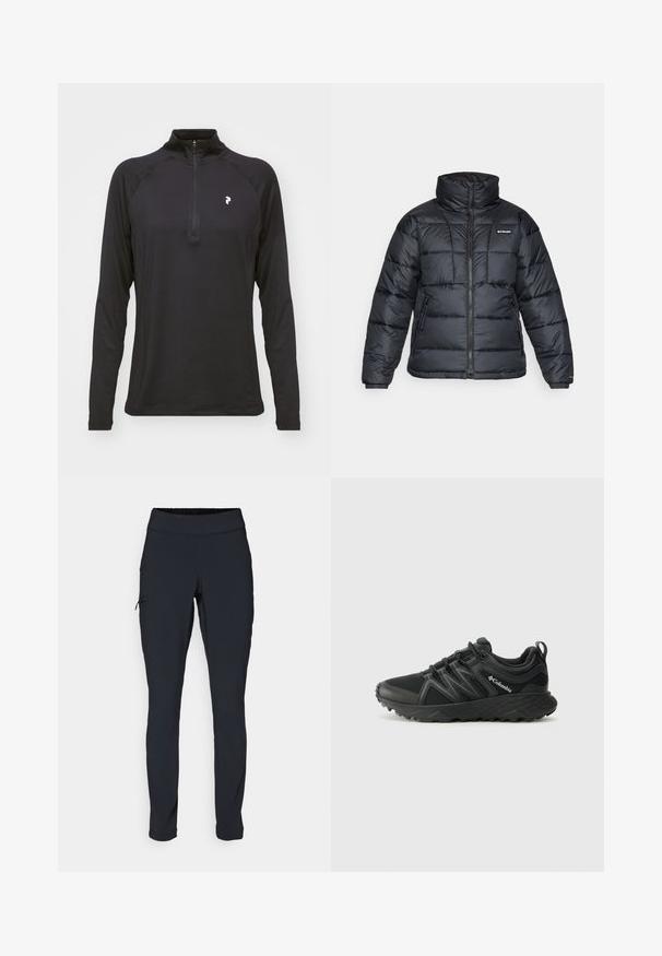 Čierna bundová izolácia s vysokým golierom, prešívaný vzor a zipsovým predným zapínaním. Obsahuje dve bočné vrecká a elastické manžety.; Čierny dlhý rukáv s polovičným zipsom, hladkej textúry a priliehavým strihom. Obsahuje raglánové rukávy a malé biele logo na hrudníku.; Čierne športové nohavice so slim fit strihom, elastickým pásom a bočnou vreckou so zipsom. Hladká, elastická tkanina s minimálnymi švami.; Columbia PEAKFREAK - Turistické topánky - black