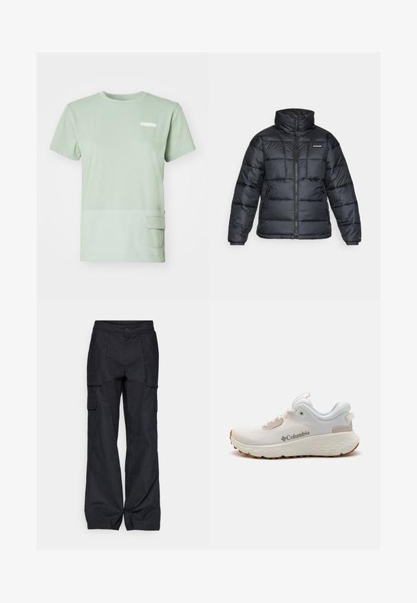 Svart dunjakke med høy krage, kviltet mønster og glidelås foran. Har to sidelommer og elastiske mansjetter.; Lys grønn t-skjorte laget av myk bomull med rund hals. Har en lapp lomme nederst til venstre og en liten logo på brystet.; Columbia BREA FALLS™ COTTON RIPSTOP PANT - Friluftsbukser - black; Lettvekts Columbia treningssko i hvit mesh med en teksturert grå såle og gummitraction. Har en polstret krage og snøring.